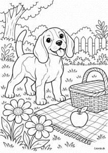 Hund på picnic i haven – tegning til farvelægning