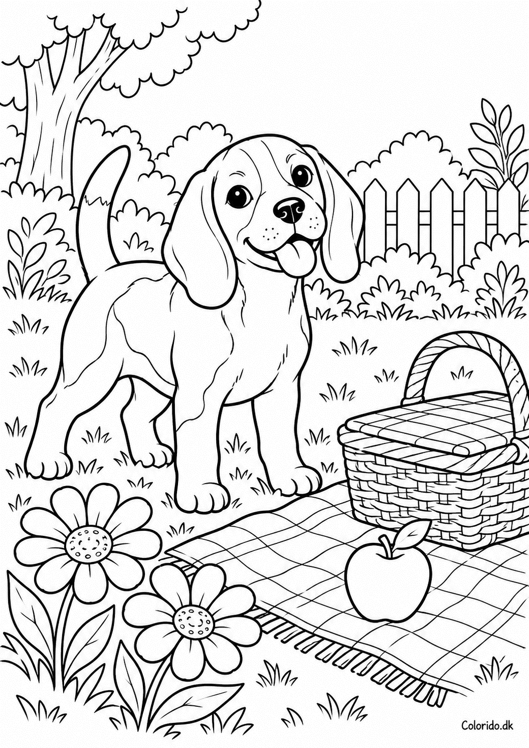 Hund på picnic i haven – tegning til farvelægning