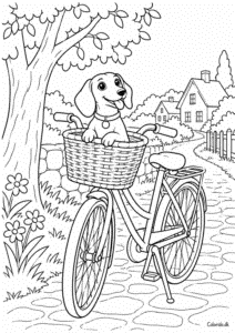 Gravhund på cykeltur i kurv – tegning til print