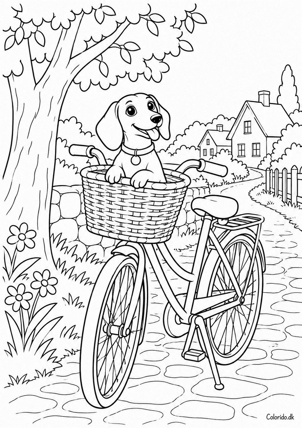 Gravhund på cykeltur i kurv – tegning til print