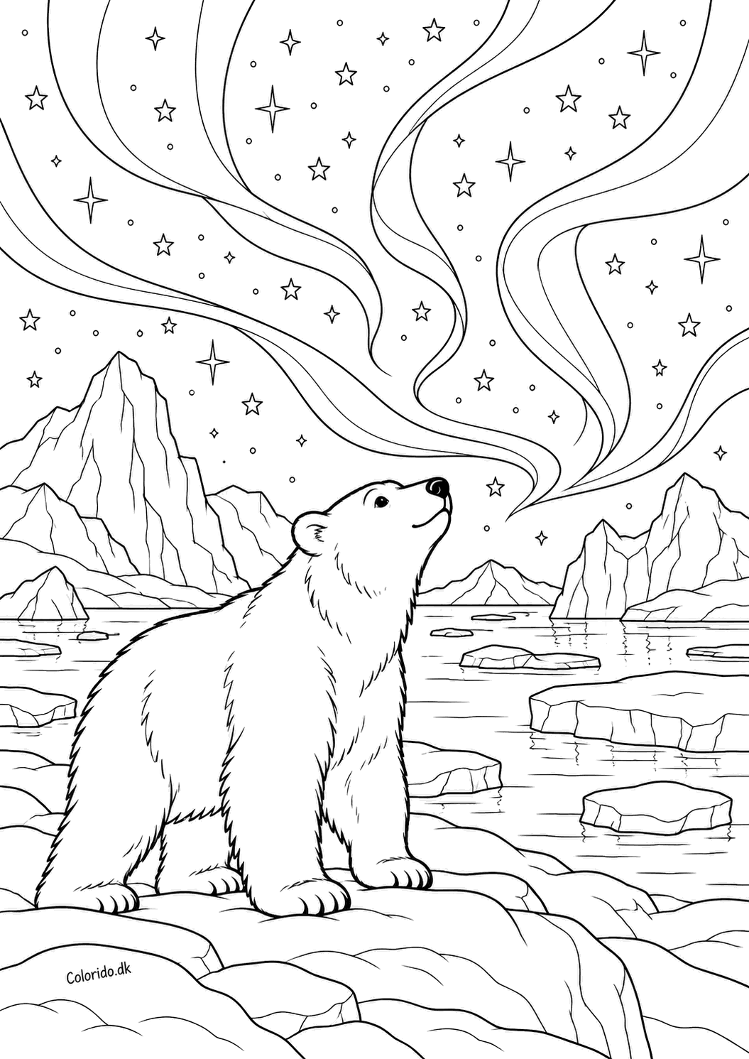 Isbjørn under nordlys – vintertegning til print