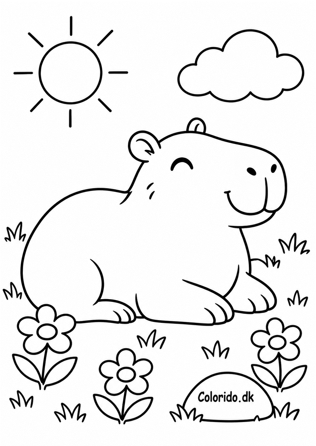 Capybara i blomstereng under solen – enkel farvelægning