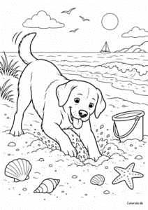 Labrador ved stranden – sommertegning af hund
