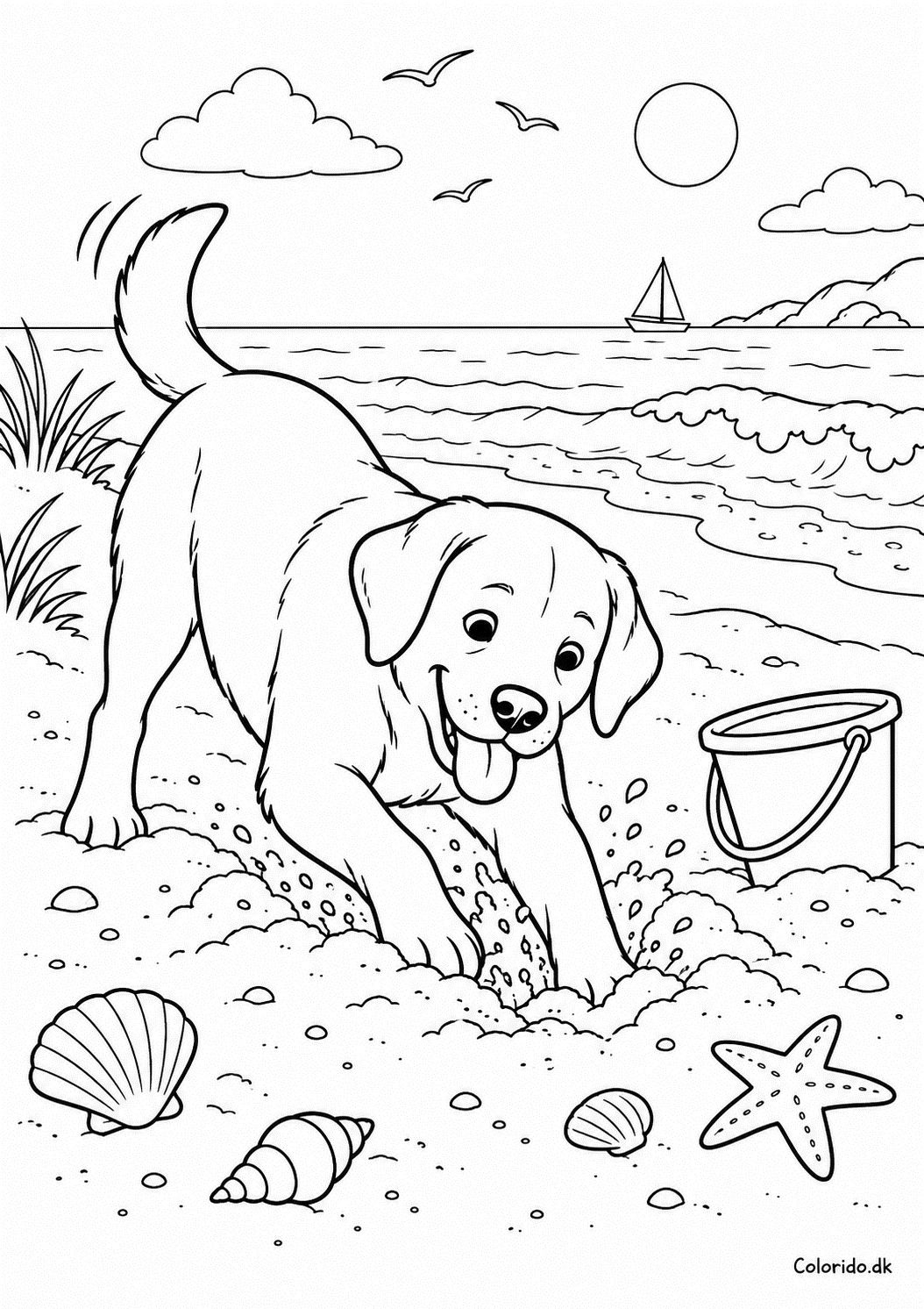 Labrador ved stranden – sommertegning af hund