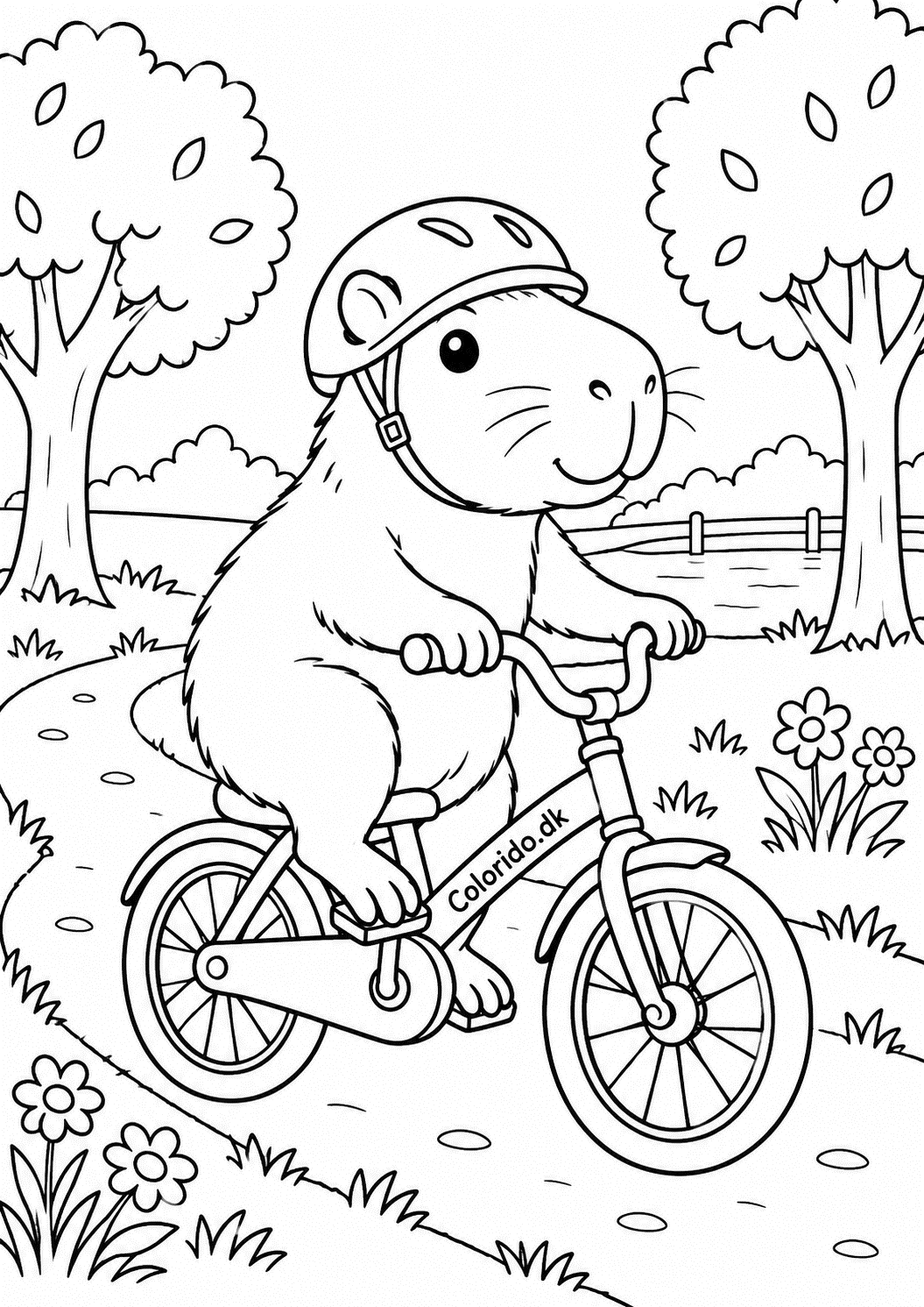 Capybara cykler i parken – tegning til farvelægning