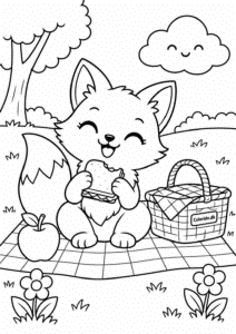 Kawaii ræv på picnic – tegning til farvelægning