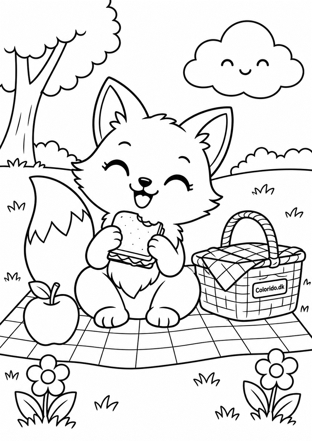 Kawaii ræv på picnic – tegning til farvelægning