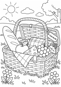 Picnickurv med mad – hyggelig tegning til print