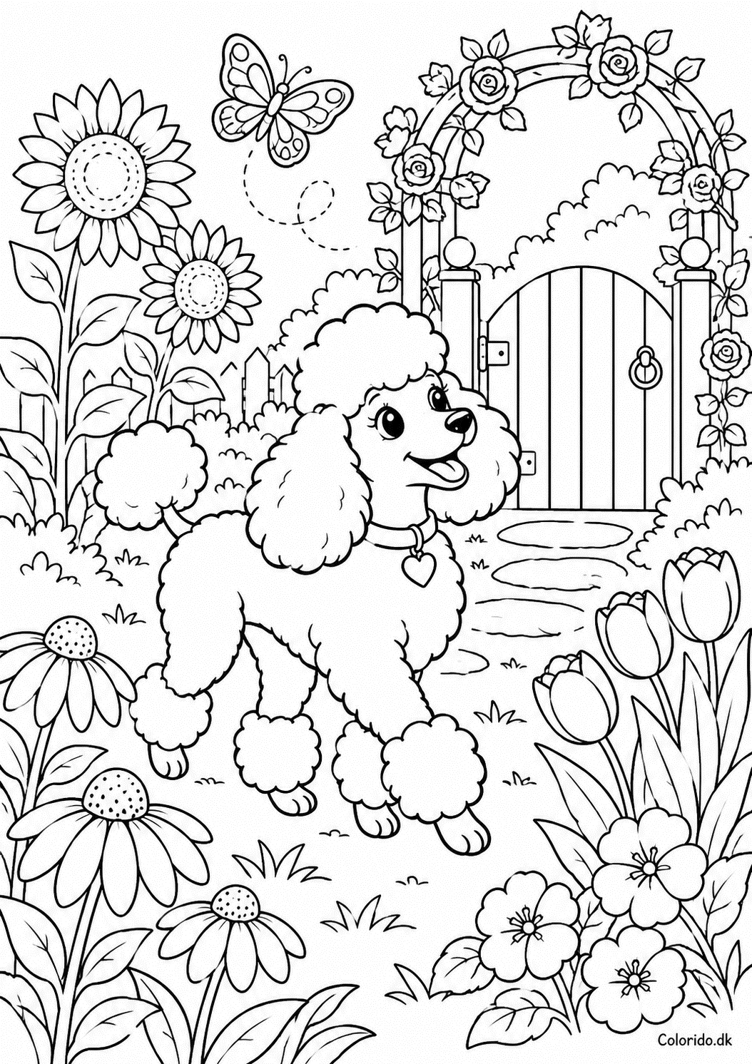 Puddel i blomsterhaven – gratis tegning til børn