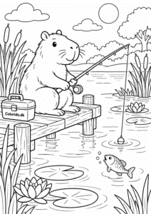 Capybara på fisketur ved søen – gratis tegning til print