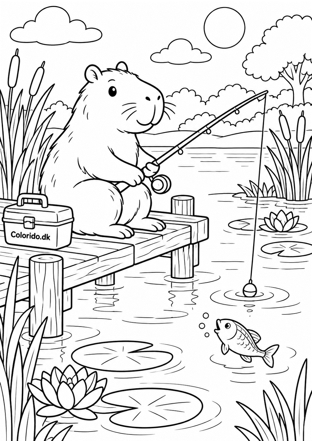 Capybara på fisketur ved søen – gratis tegning til print
