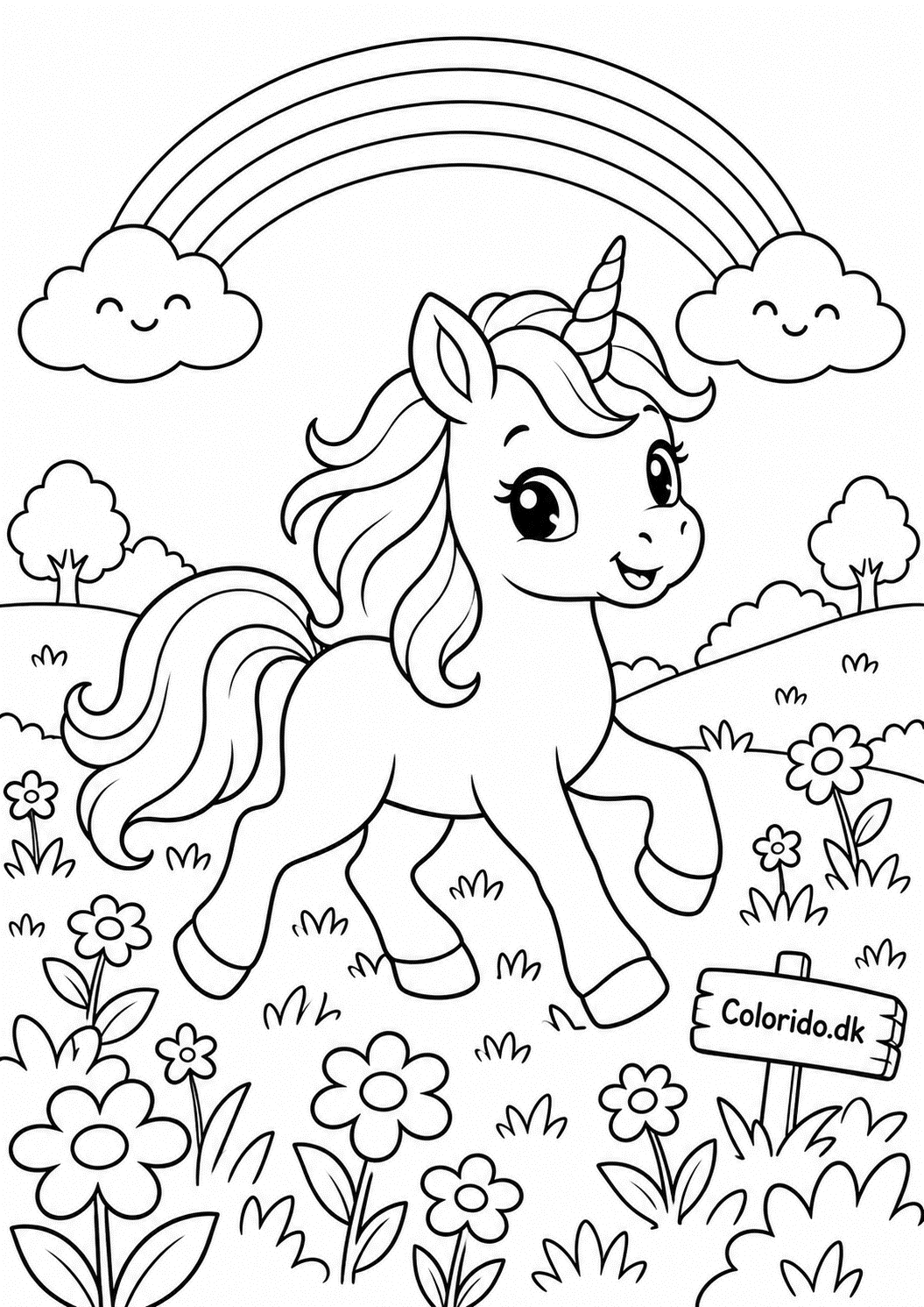 Kawaii enhjørning i blomstereng – tegning til print
