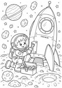 Astronaut reparerer raketten på en asteroide