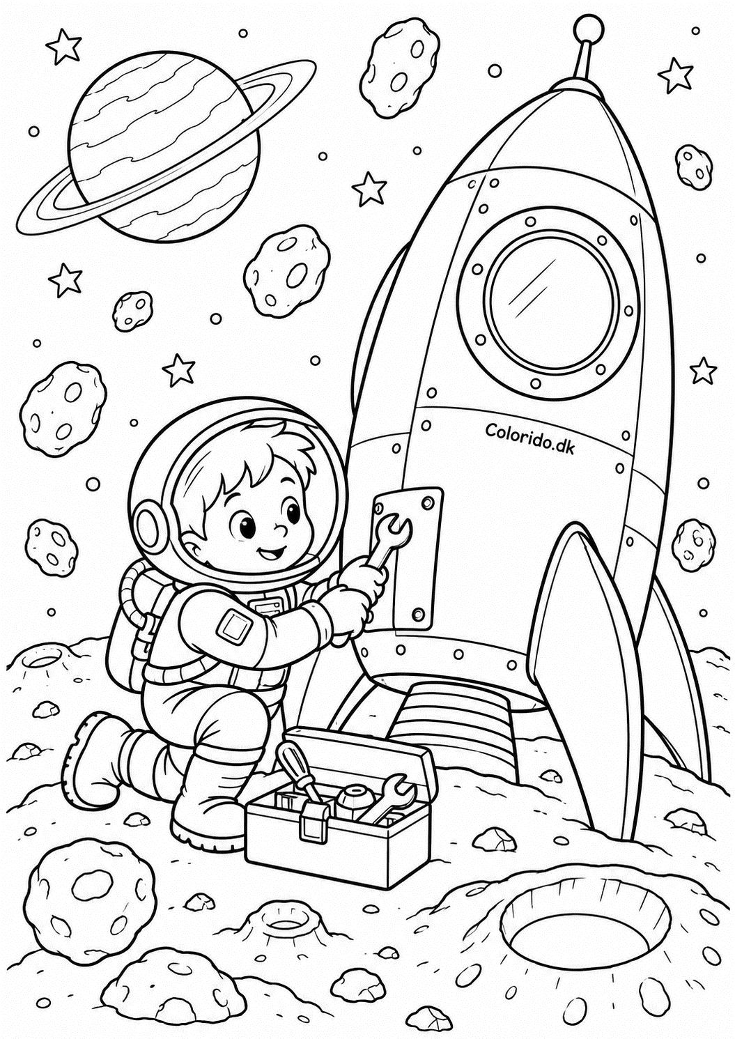 Astronaut reparerer raketten på en asteroide
