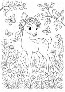 Hjort med blomsterkrans – tegning til farvelægning
