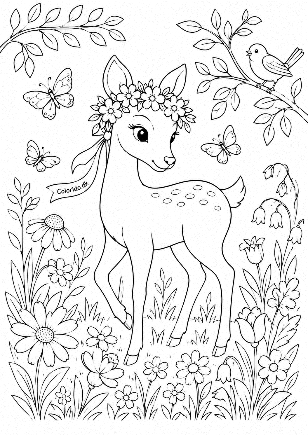 Hjort med blomsterkrans – tegning til farvelægning