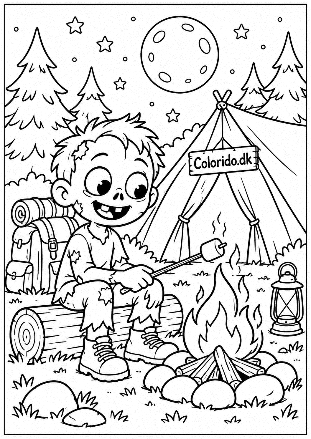 Zombie på campingtur – gratis tegning for børn