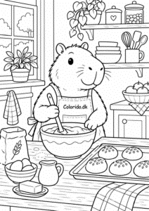 Capybara bager boller i køkkenet – tegning til børn