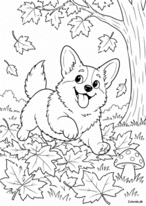 Corgi i efterårsblade – tegning til print