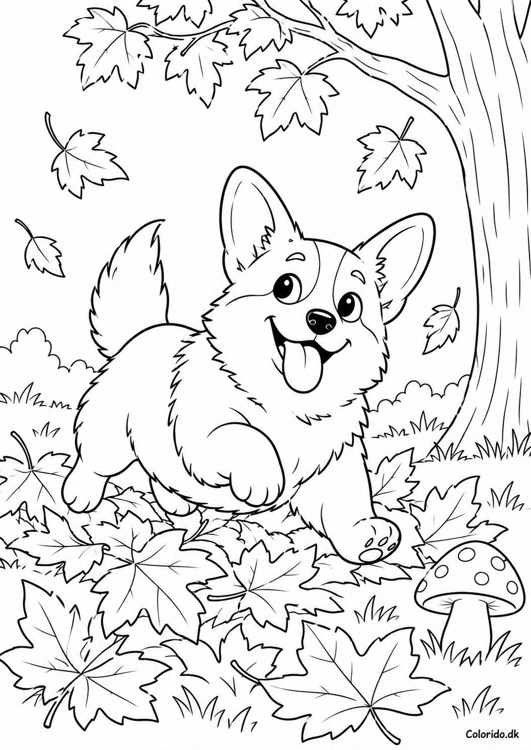 Corgi i efterårsblade – tegning til print