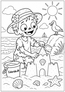 Zombie bygger sandslot – sommertegning til print