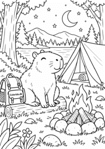 Capybara på campingtur i skoven – eventyrtegning