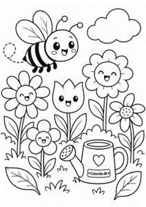 Kawaii bi i blomsterhave – tegning til børn