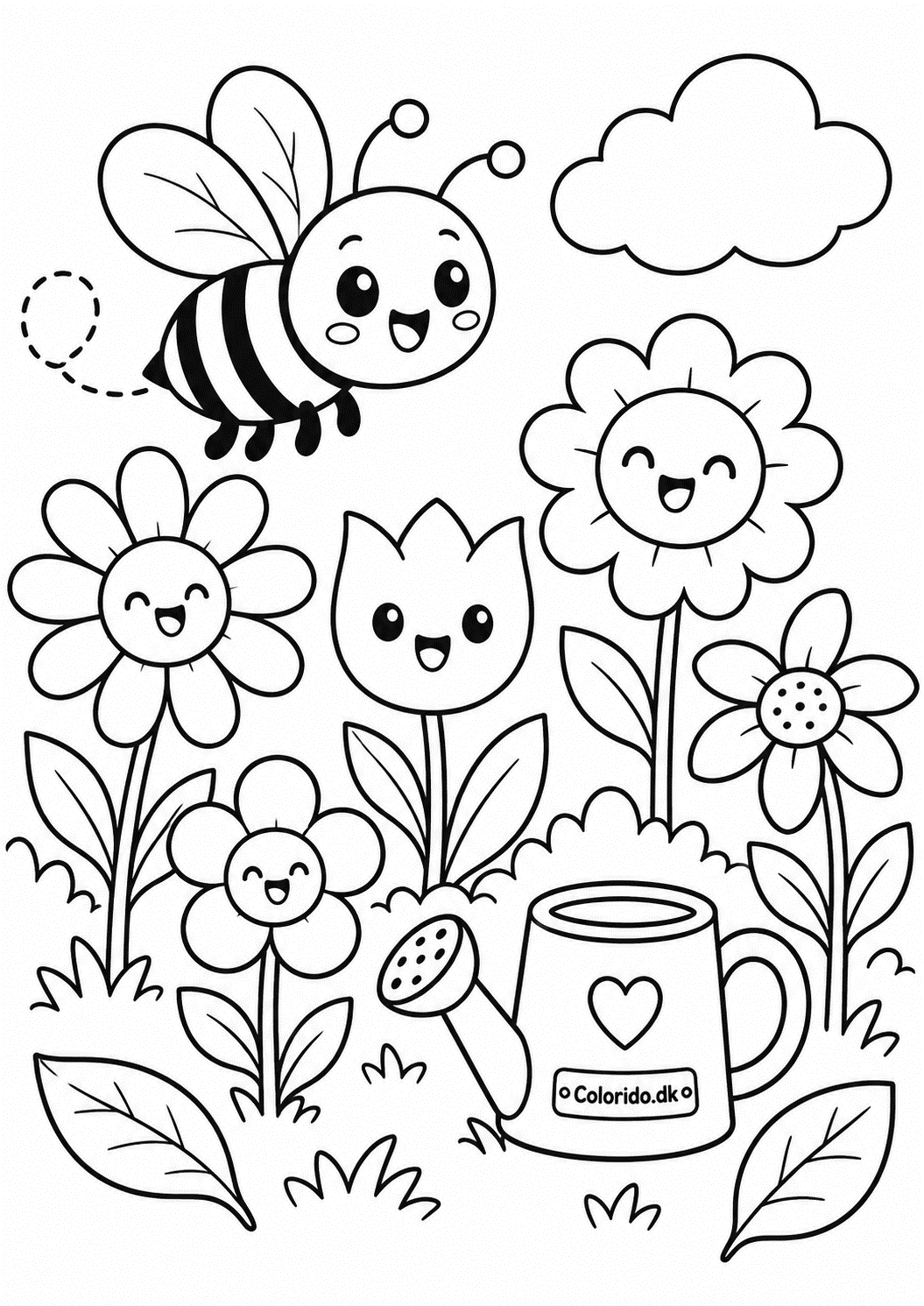 Kawaii bi i blomsterhave – tegning til børn