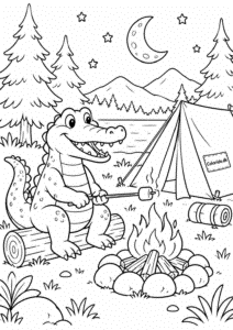 Krokodille på camping – malebogsside til print