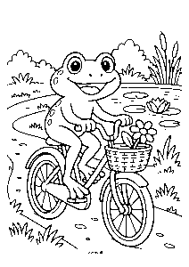 Frø på cykeltur – sjov dyretegning til print