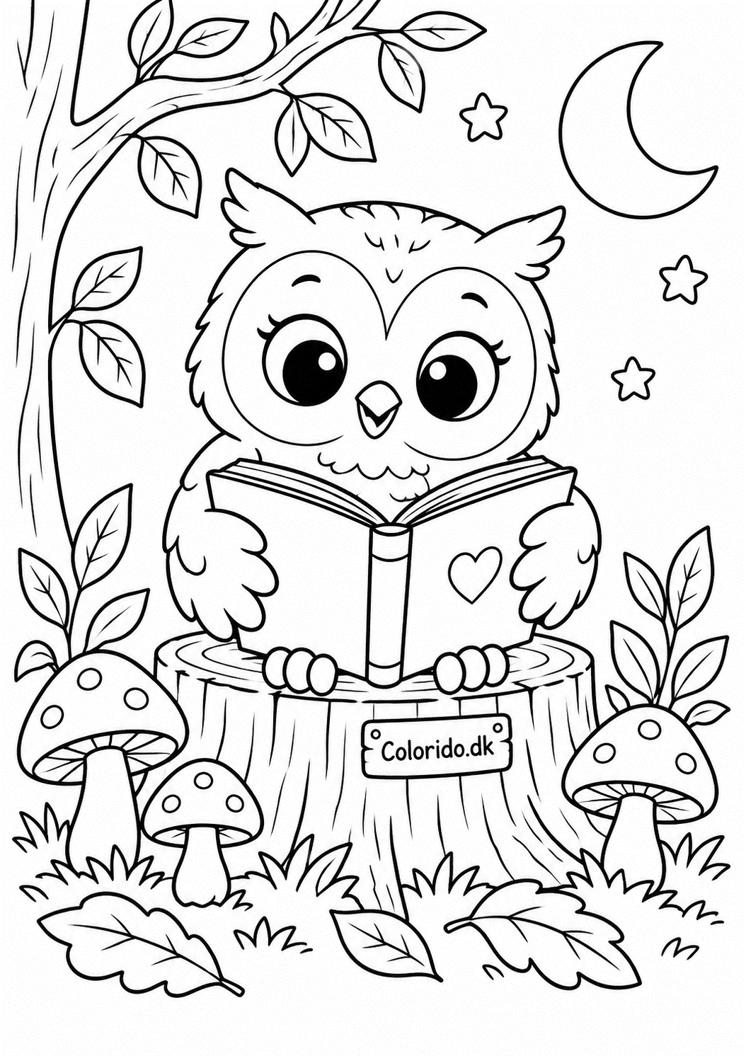 Kawaii ugle læser en bog – tegning til print