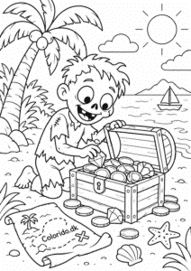 Zombie finder en skattekiste – eventyrtegning til print