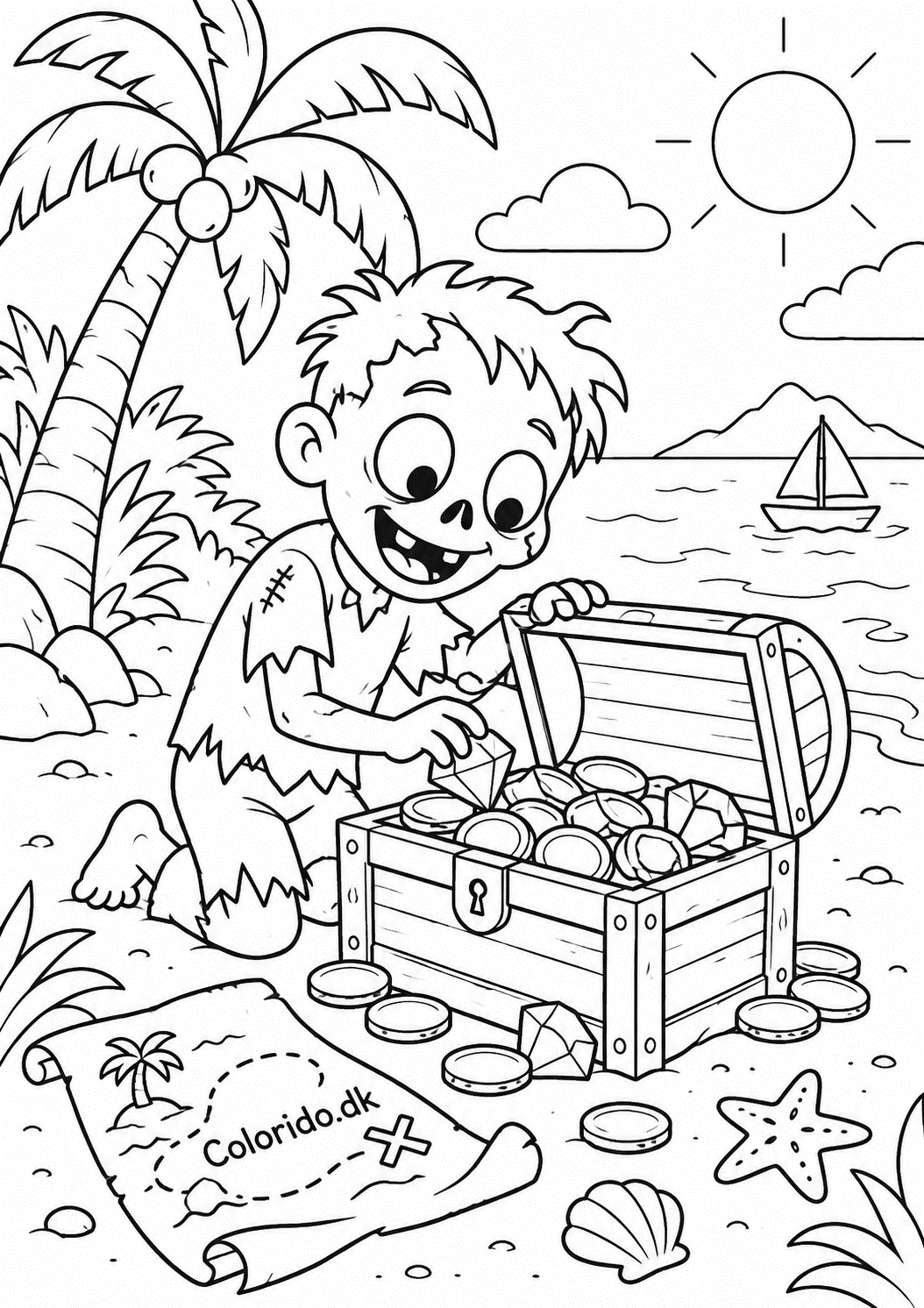 Zombie finder en skattekiste – eventyrtegning til print