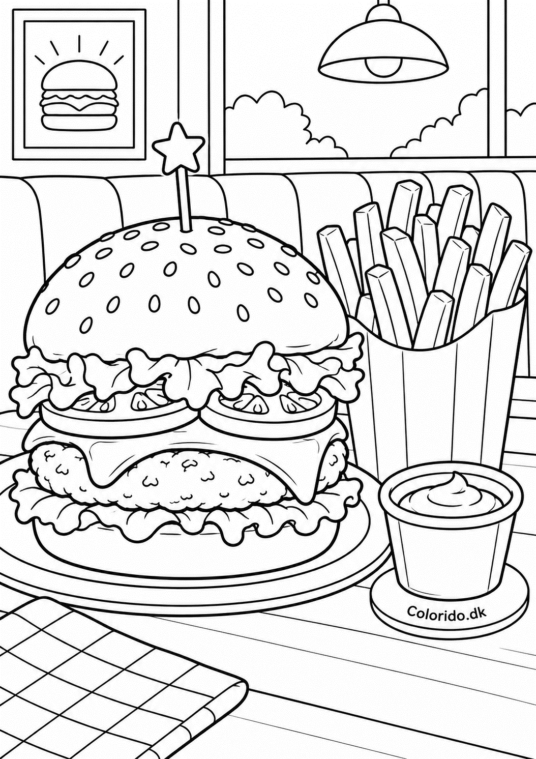 Burger og pommes frites – mad til farvelægning og print