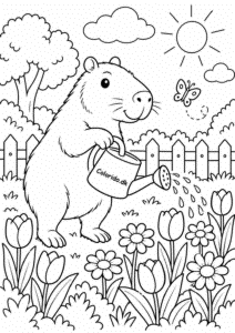 Capybara vander blomster i haven – gratis malebillede