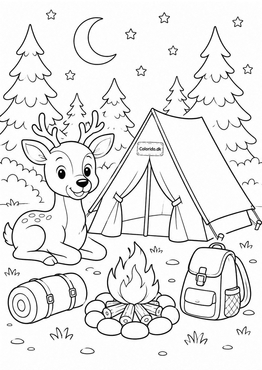 Hjort på campingtur i skoven – tegning til print