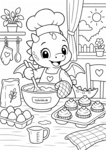 Kawaii drage bager kager – gratis tegning