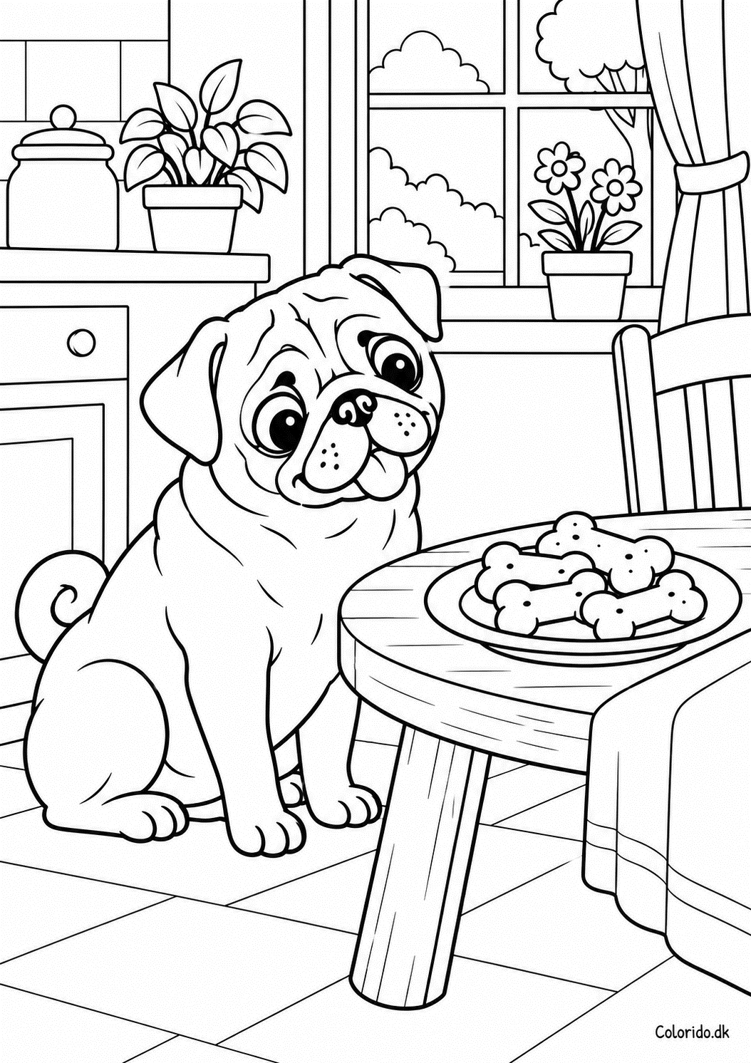 Mops i køkkenet med hundekiks – gratis tegning