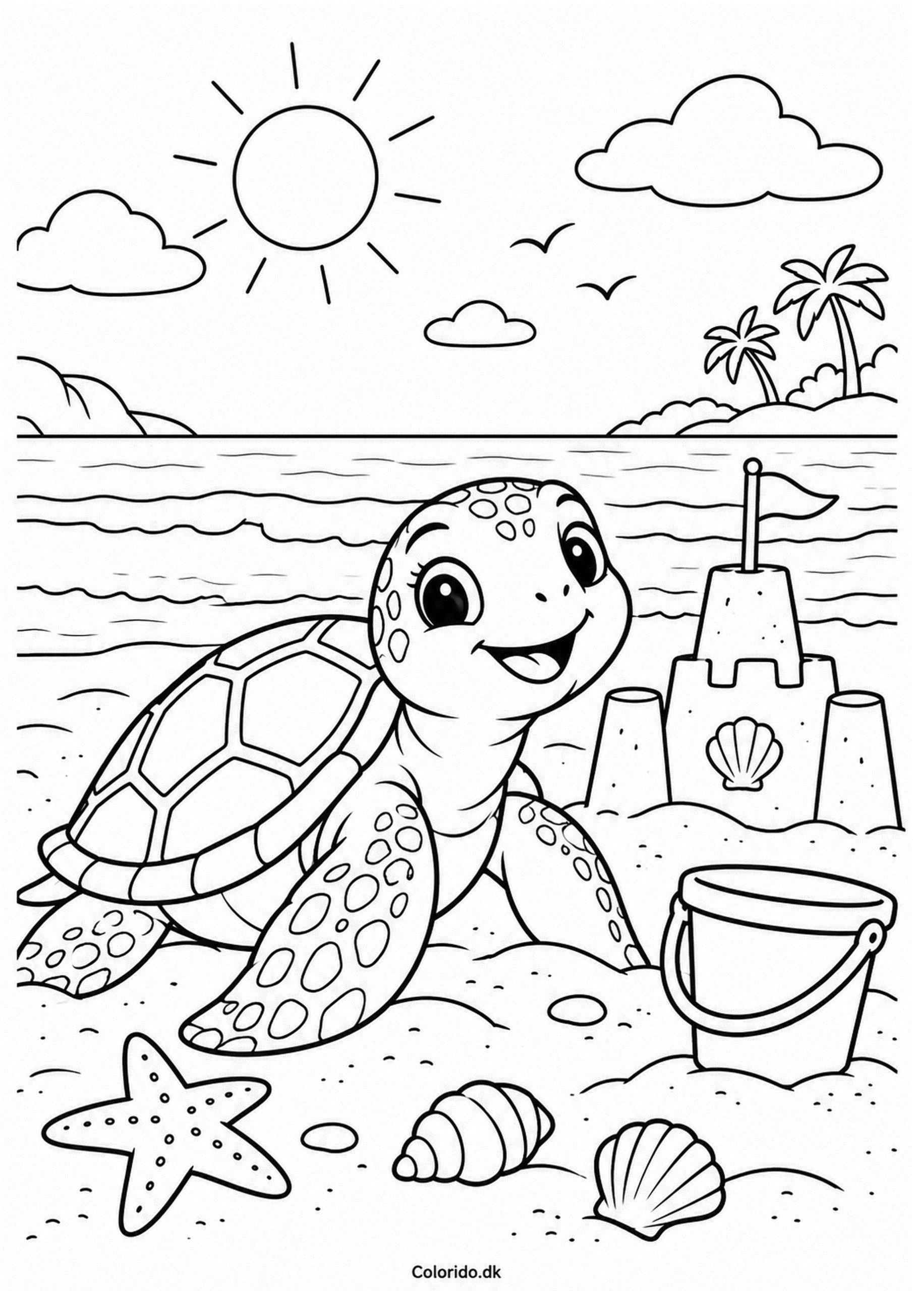 Skildpadde bygger sandslot – sommertegning