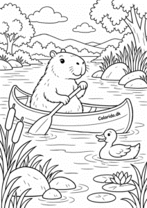 Capybara sejler i kano på floden – tegning til farvelægning