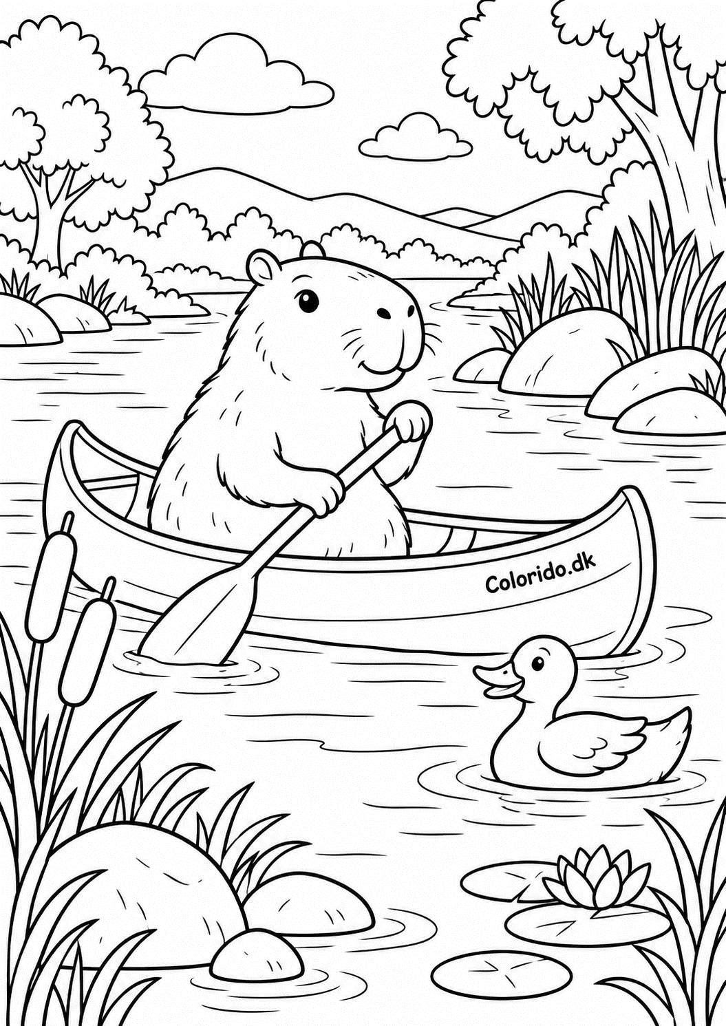 Capybara sejler i kano på floden – tegning til farvelægning
