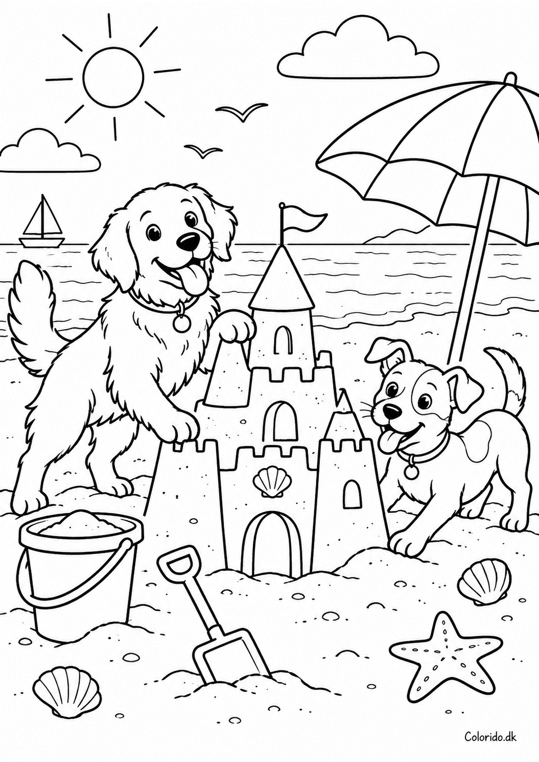 Hunde bygger sandslot – sommertegning til print