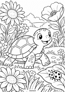 Skildpadde i blomstereng – gratis tegning