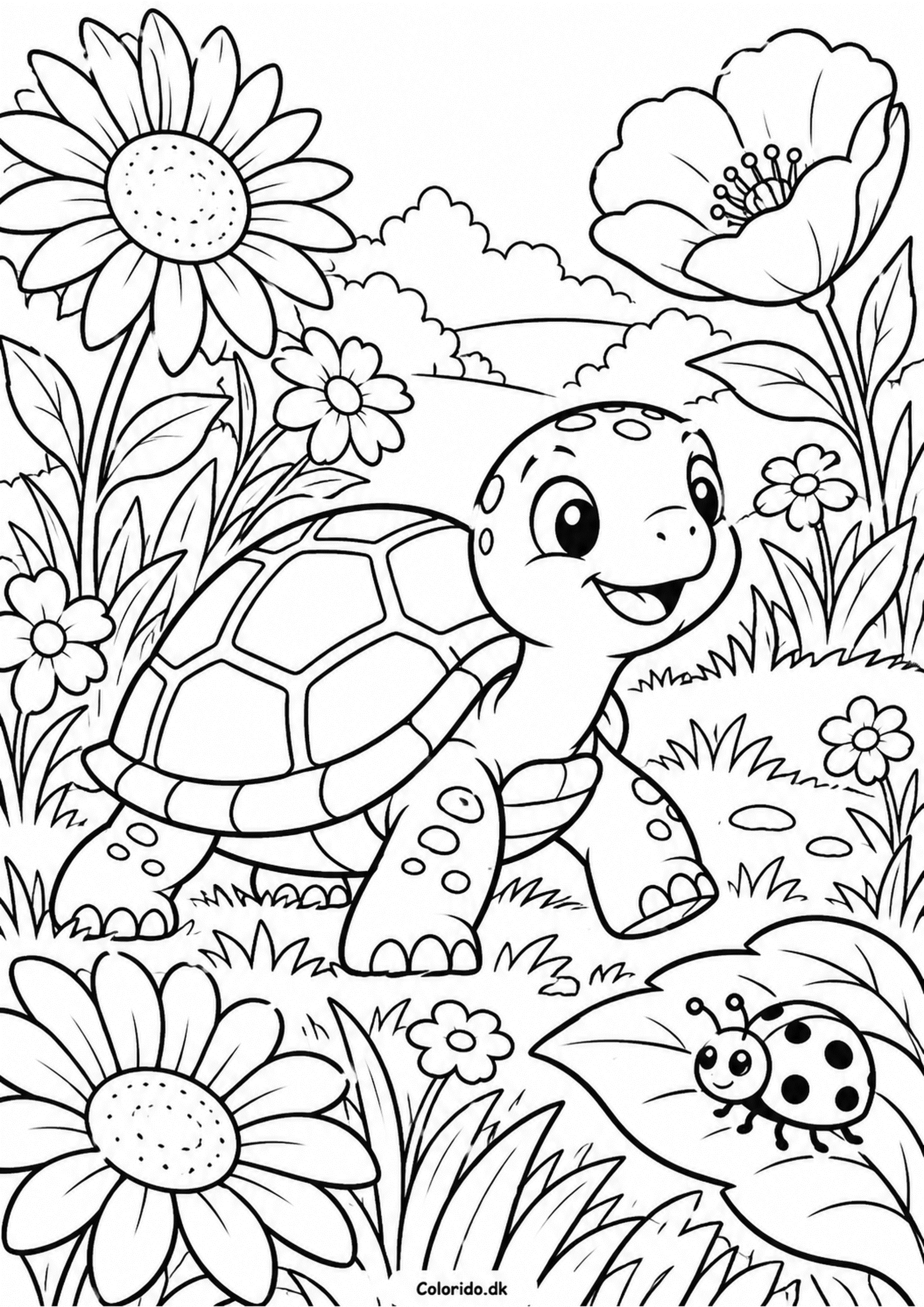 Skildpadde i blomstereng – gratis tegning