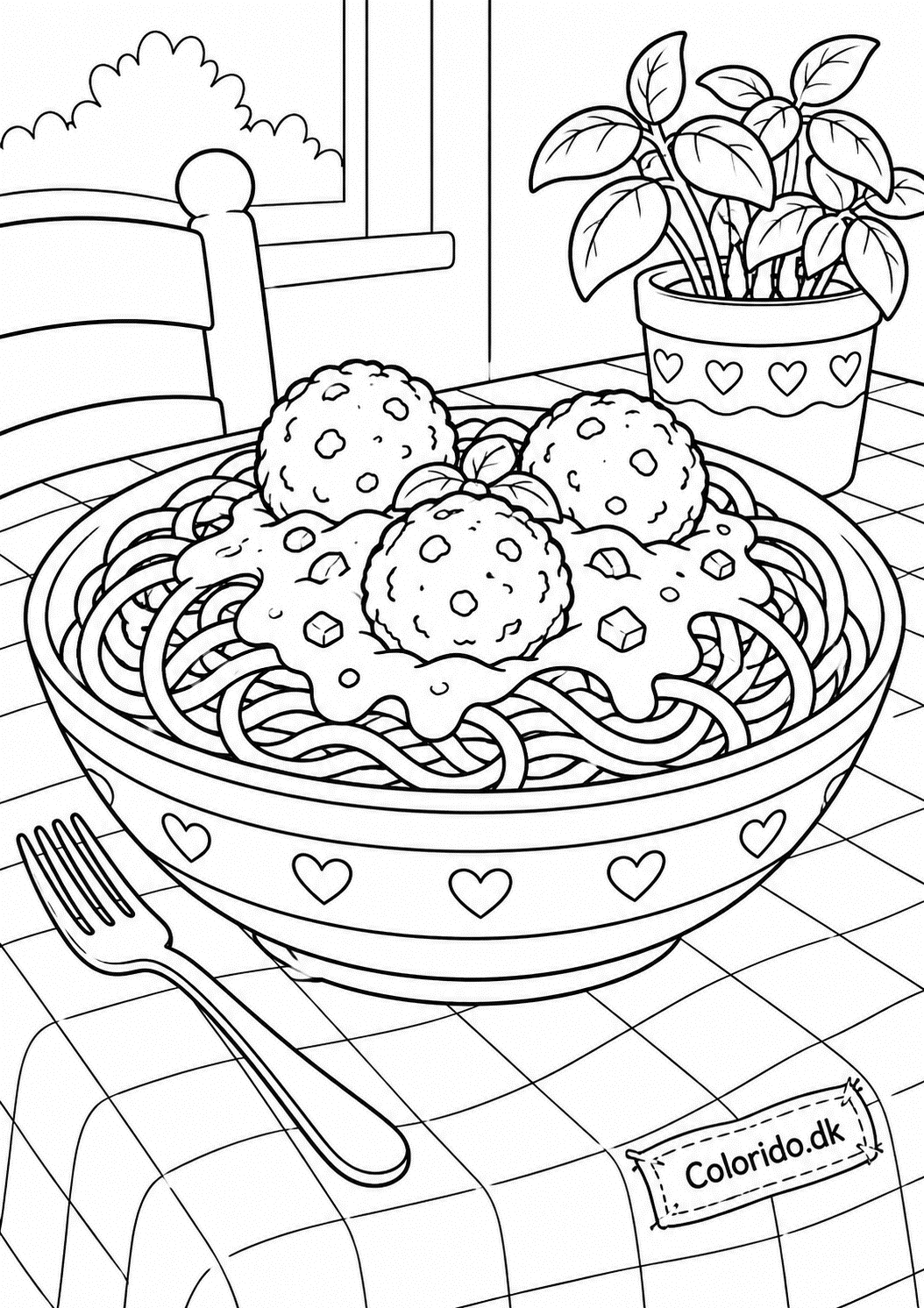 Spaghetti med kødsovs – tegning til børn