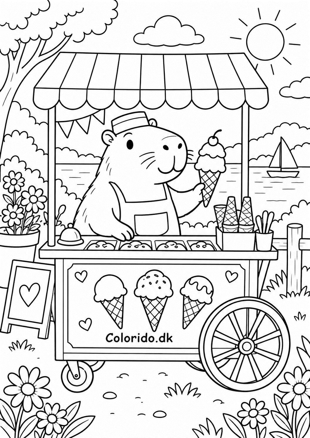 Capybara ved isbod om sommeren – sommertegning til print