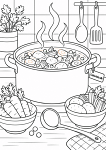 Grøntsagssuppe i gryde – hyggelig madtegning