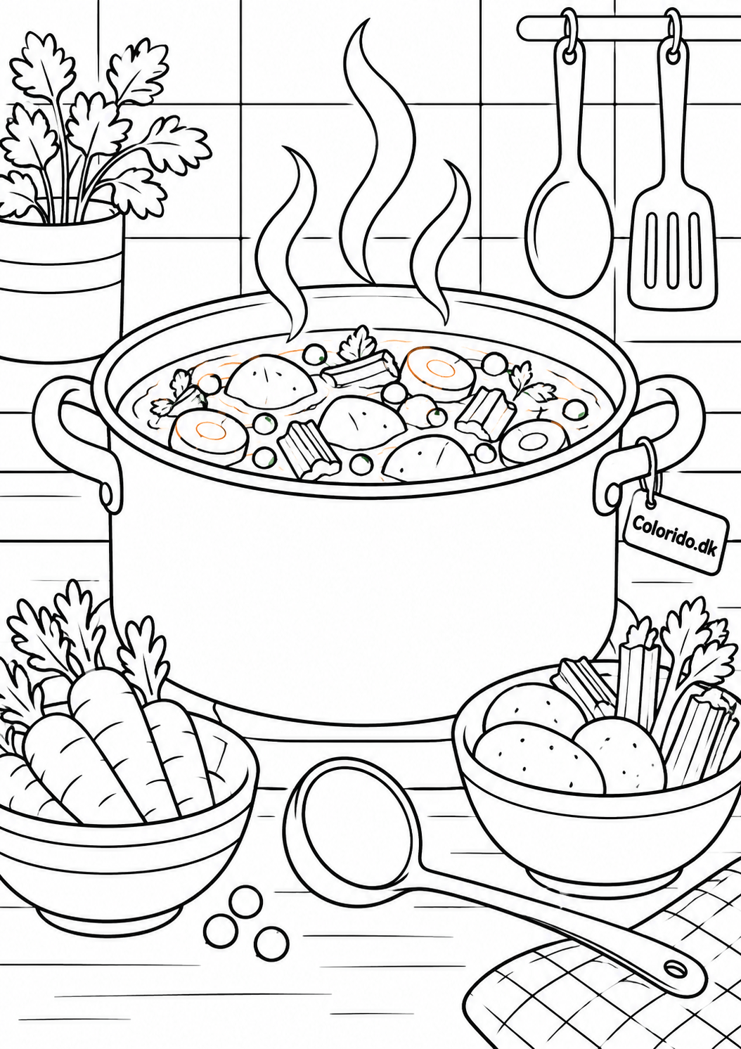 Grøntsagssuppe i gryde – hyggelig madtegning