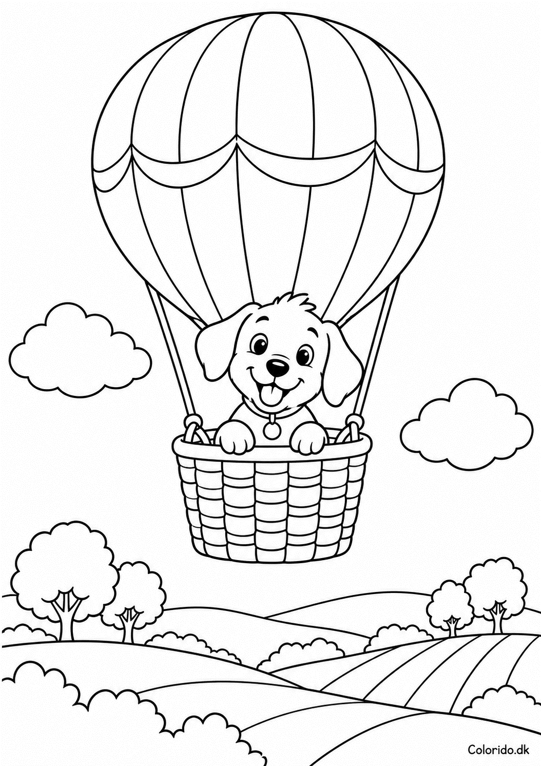 Hund i luftballon – eventyrlig tegning til farvelægning