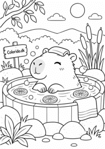 Kawaii capybara i varmt bad – tegning til print